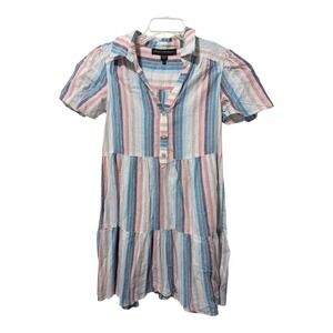 Coastal Clover and Sloane Mini Dress Relaxed Med Blue Pink Striped‎ Linen Blend